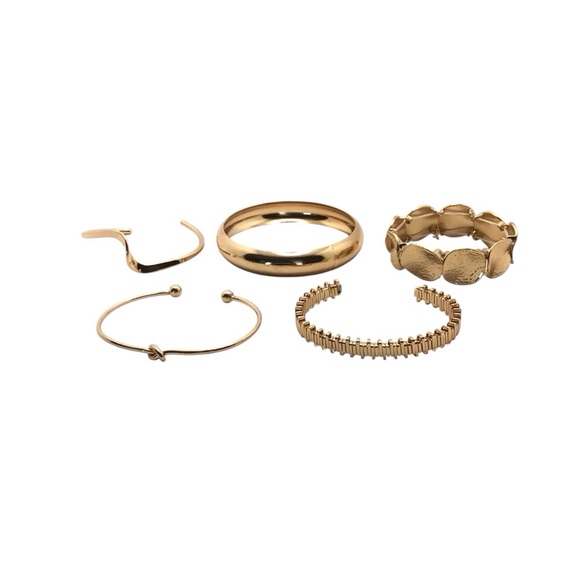 5pc Gold Tone Bracelet Set- Stackable Bangles & Cuffs Boho Chic Jewelry - Picture 3 of 5